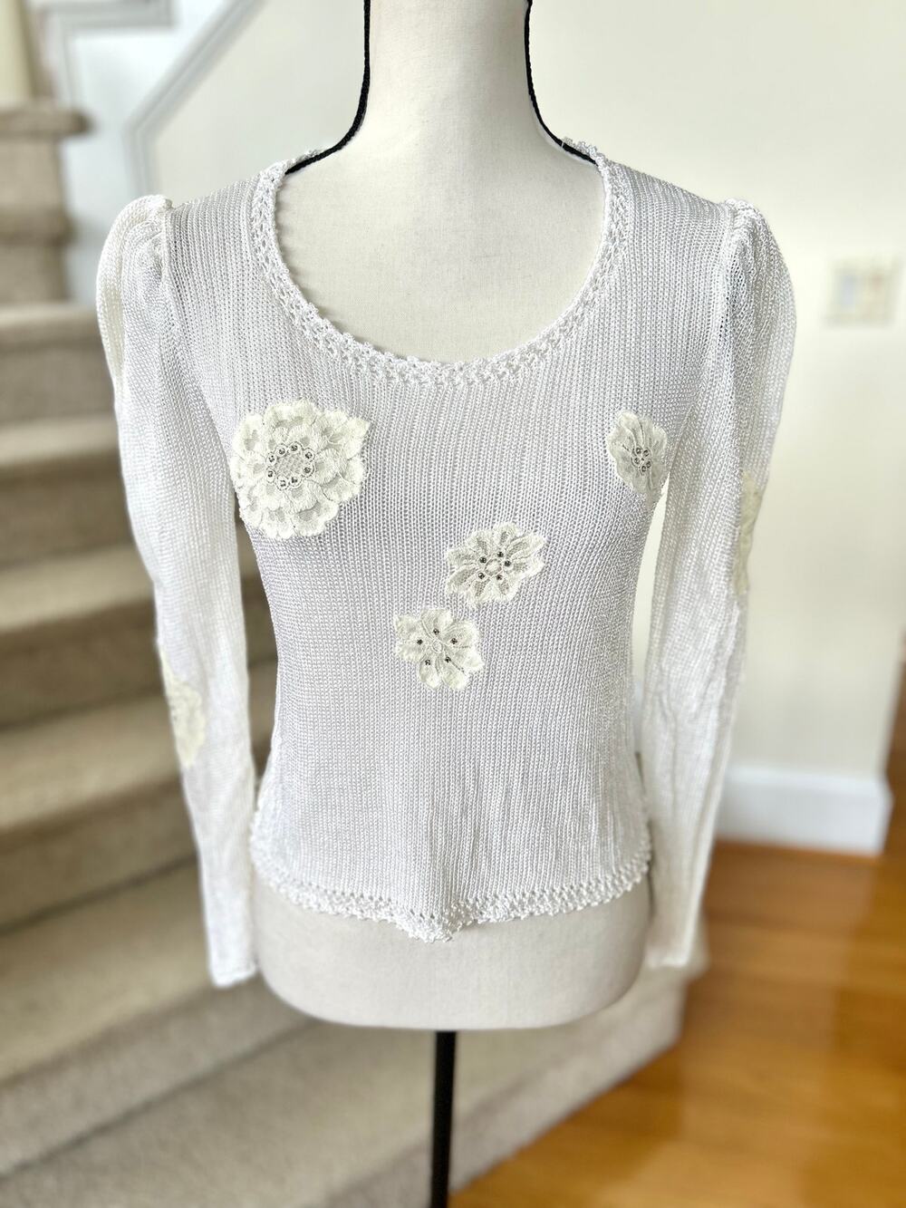 Vintage Y2K Semi Sheer White Knit Lace Rhinestone Flower Applique Sweater